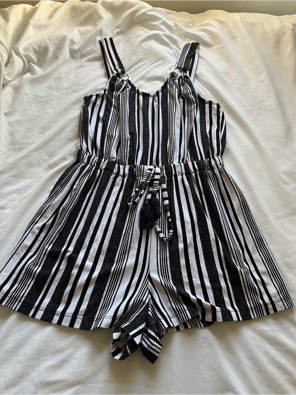 Derek Heart Black & White Vertical Stripe Sleeveless Romper with Tassel Tie